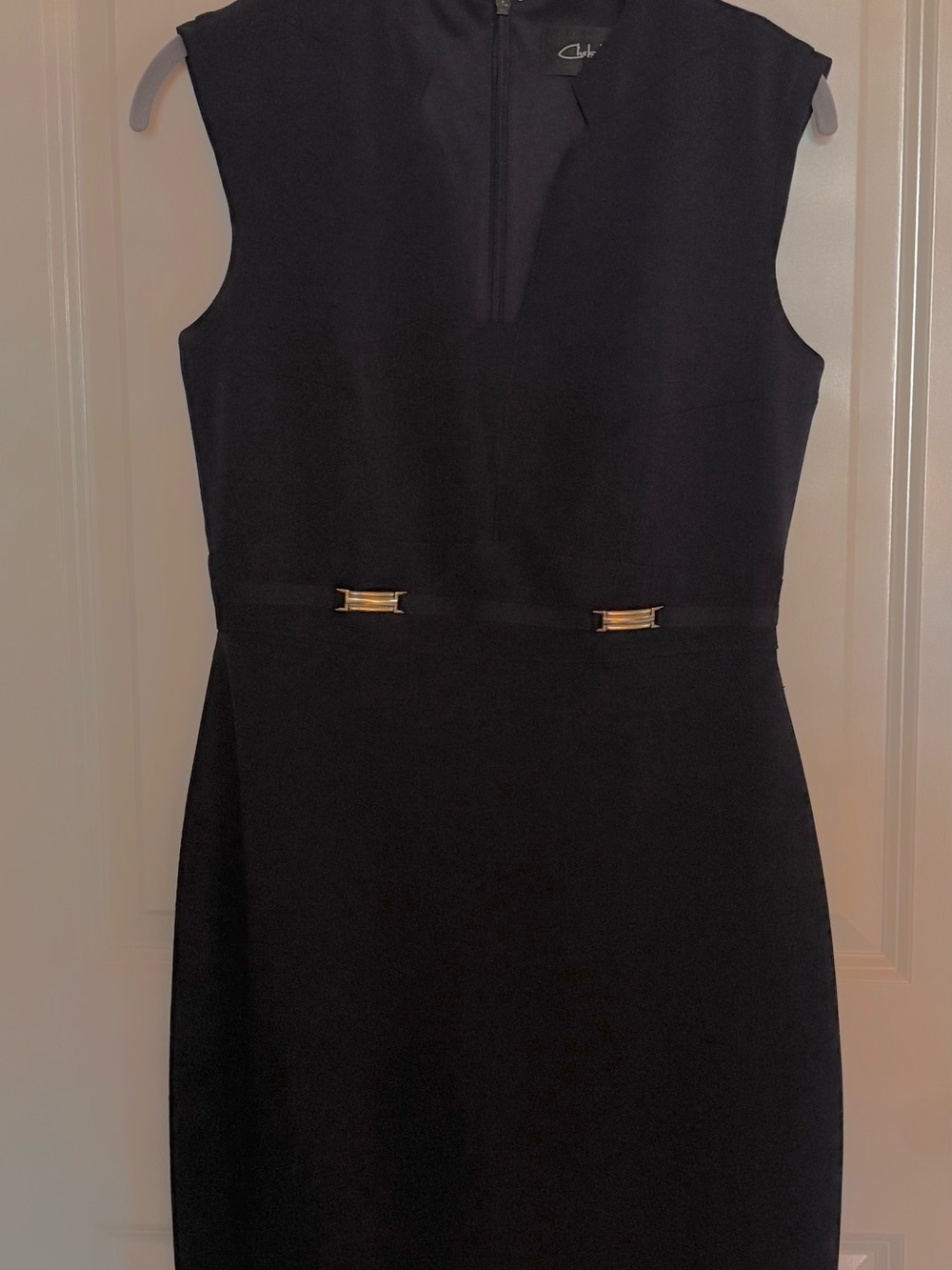 Navy Sleeveless Midi Sheath Dress with Gold Accent